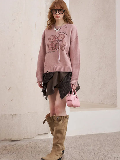 Kiss Bear Print 3D Bow Ripped Sweater【s0000014077】
