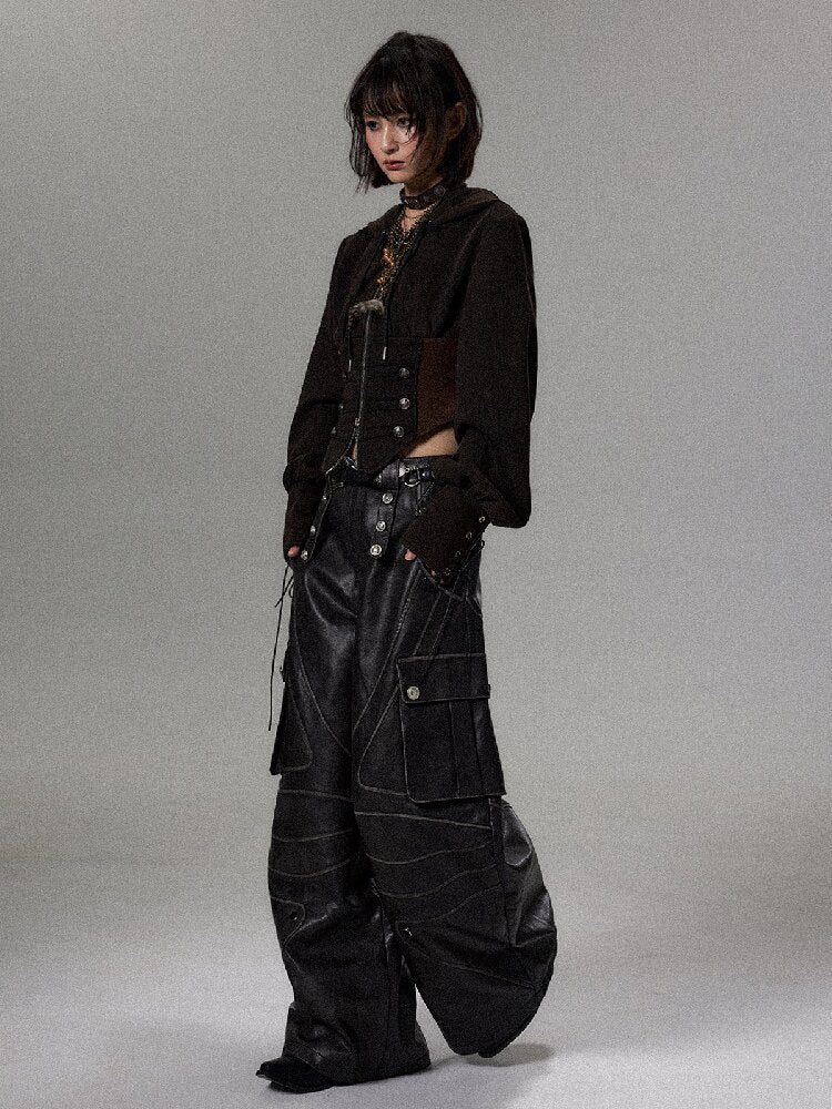 Vintage Washed Curved Leather Pants【s0000018492】