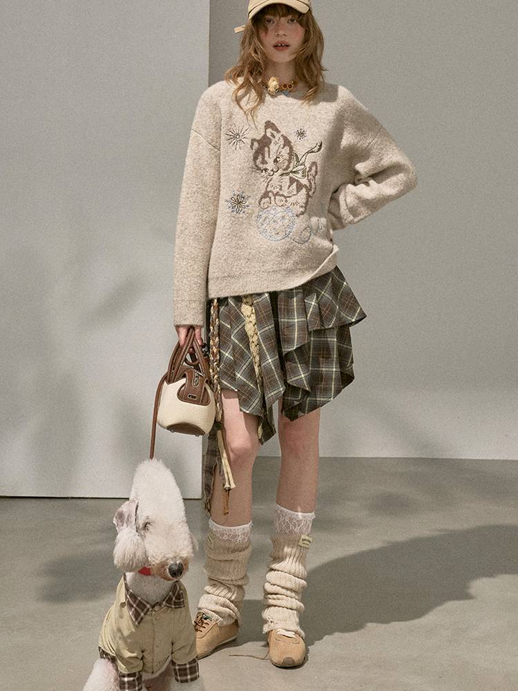 Playful Kitten Round Neck Long Sleeve Sweater【s0000014402】