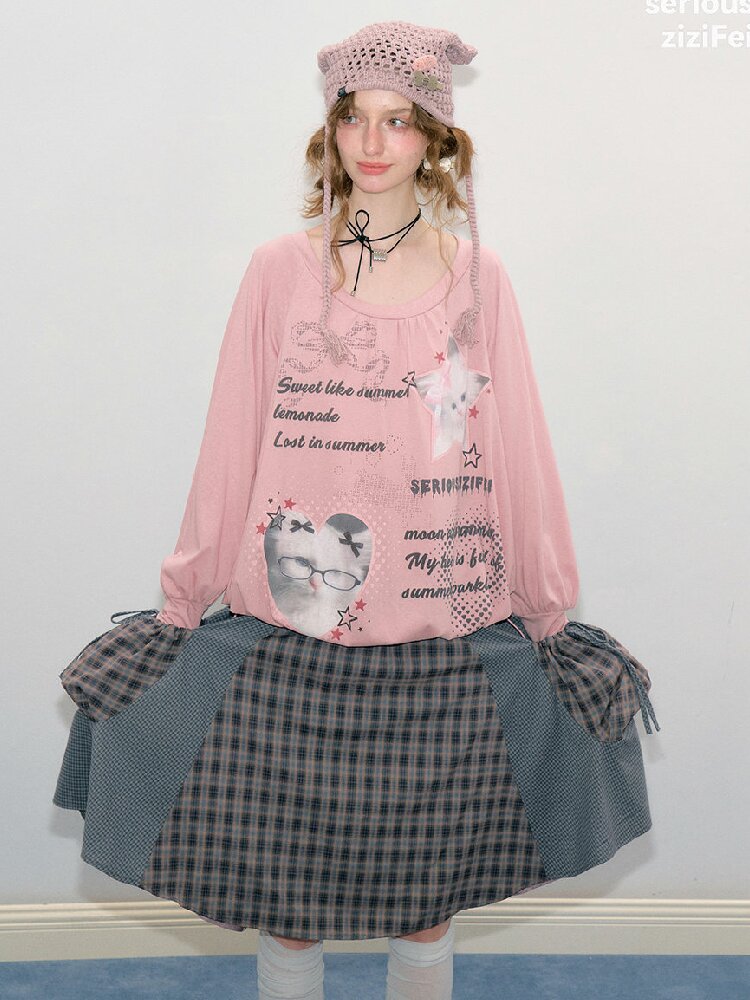 Lantern Sleeve Cat Print T-Shirt【s0000017878】
