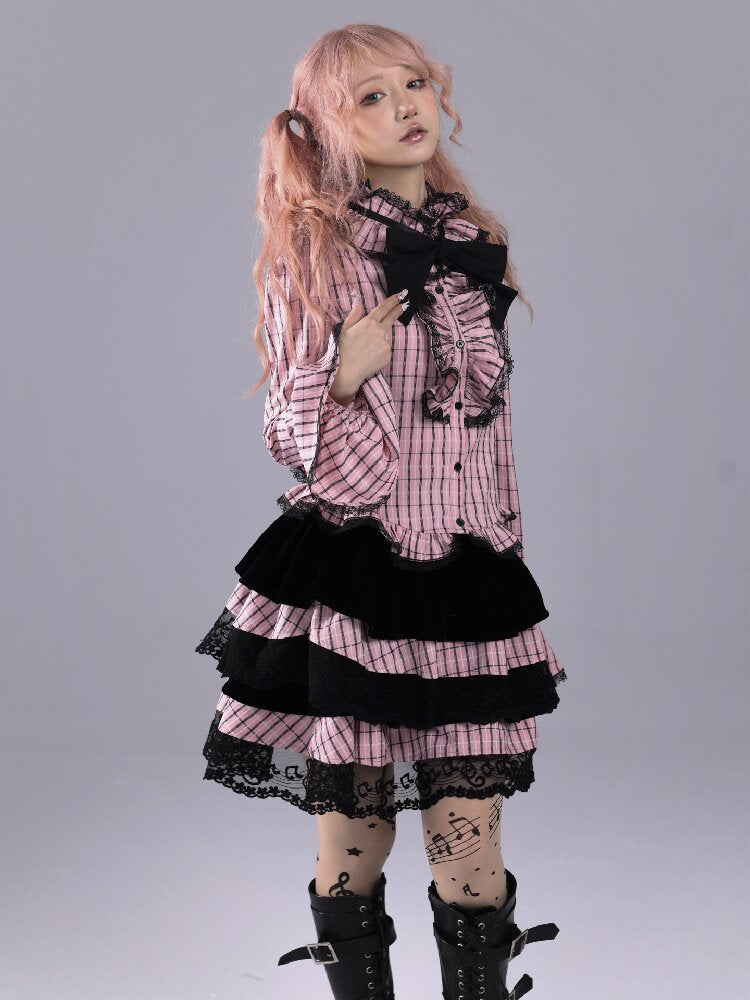 Pink Black Check Bow Flared Shirt【s0000016221】