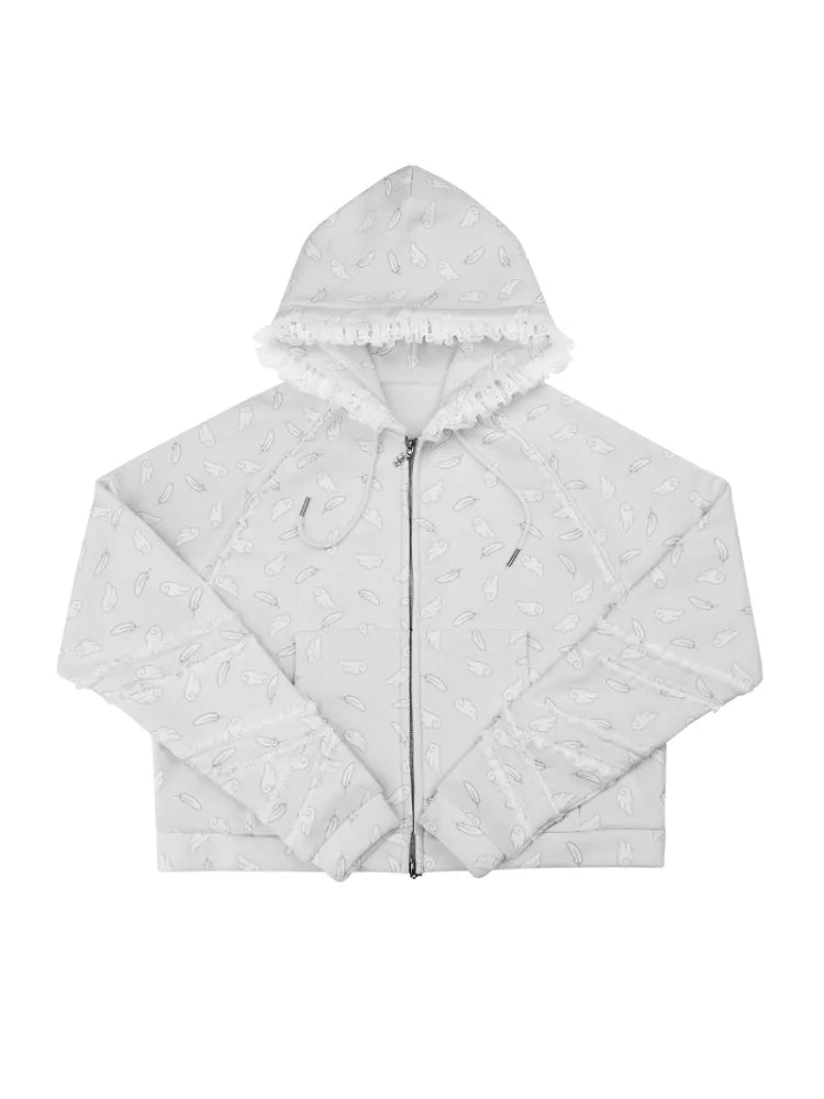 Wing Feather Print Lace-Trim Hoodie【s0000014096】