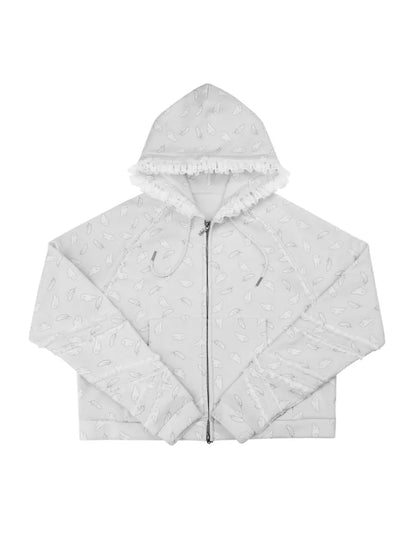 Wing Feather Print Lace-Trim Hoodie【s0000014096】