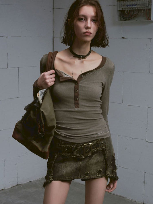 Henley Collar Knit T-Shirt【s0000011850】