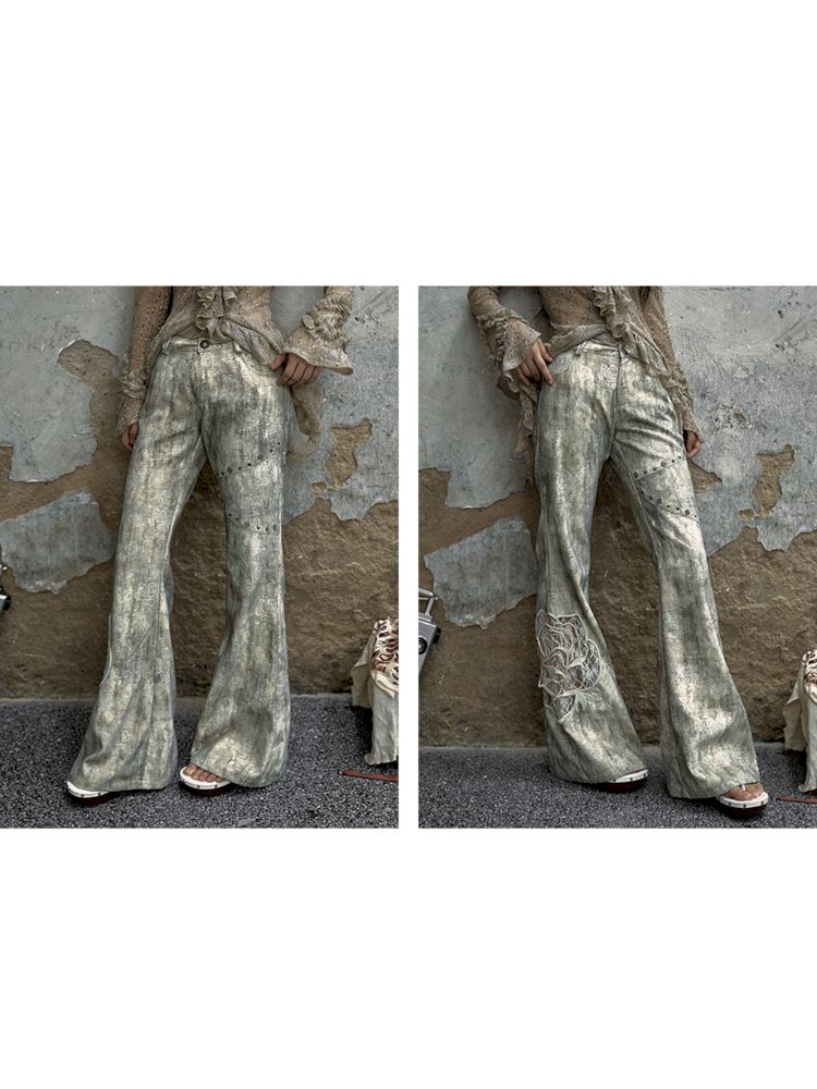 Embroidered Rose Straight Micro Flared Pants【s0000009743】