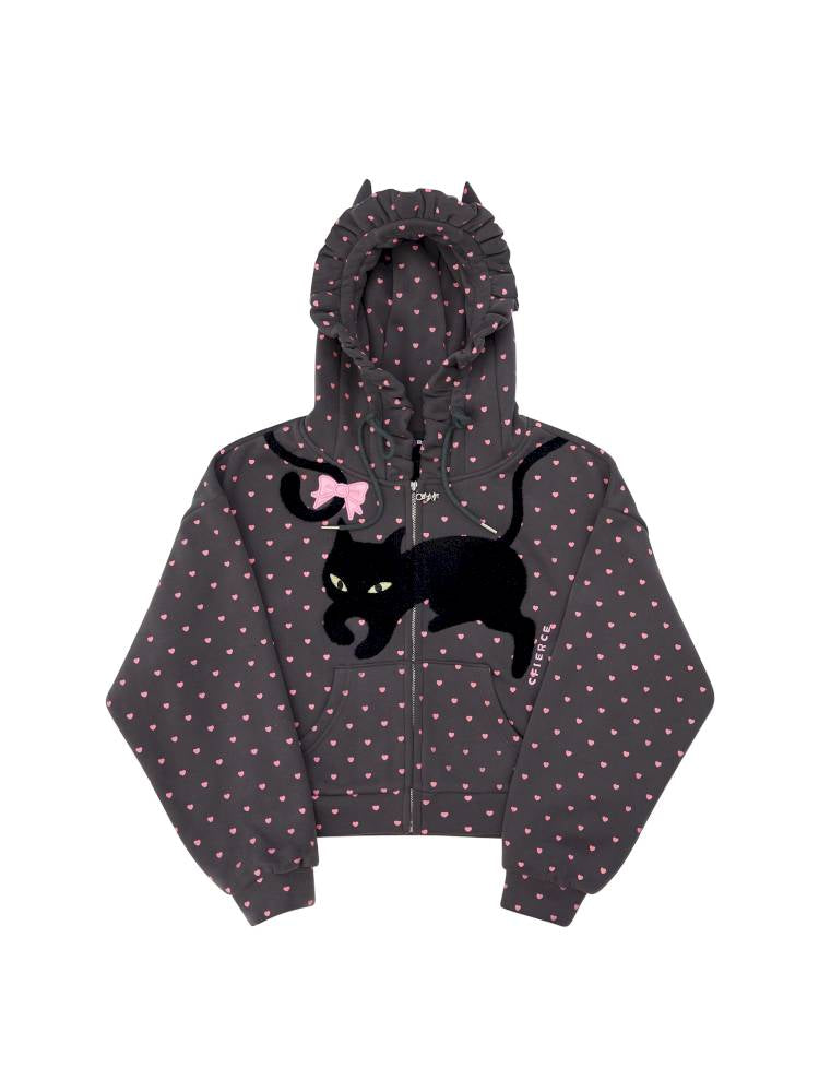 Black Cat Embroidered Cat Ear Hoodie Jacket【s0000014422】