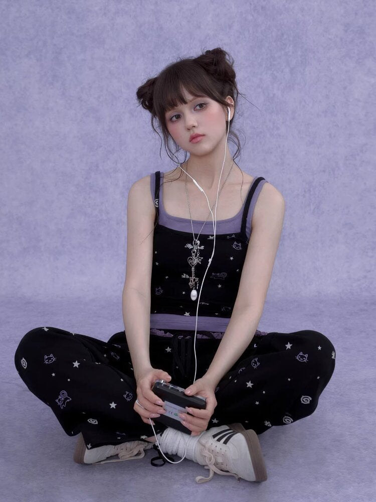 Black Purple Print Hollow Camisole【s0000016648】