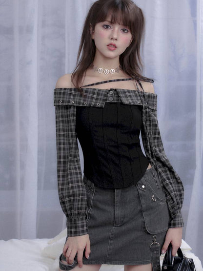 Check Pattern Strap One-Shoulder Shirt【s0000014370】