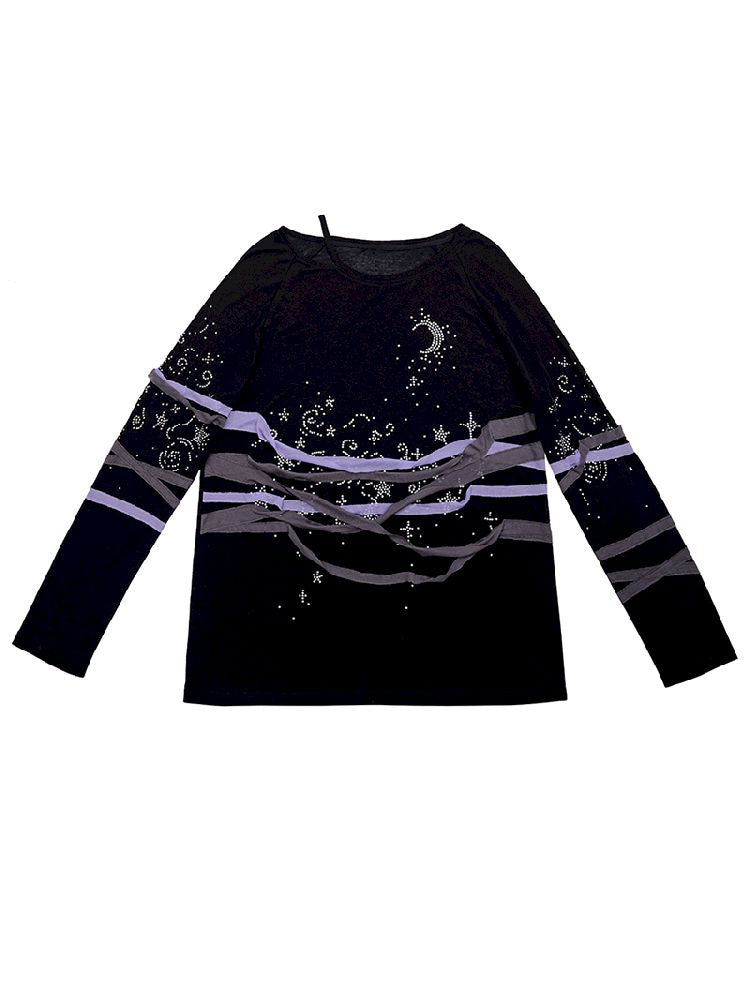 Starry Night Rhinestone Long Sleeve T-Shirt【s0000010505】