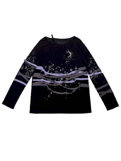 Starry Night Rhinestone Long Sleeve T-Shirt【s0000010505】