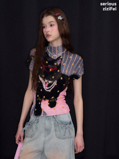 Polka Dot Cat Pleated T-Shirt【s0000016853】