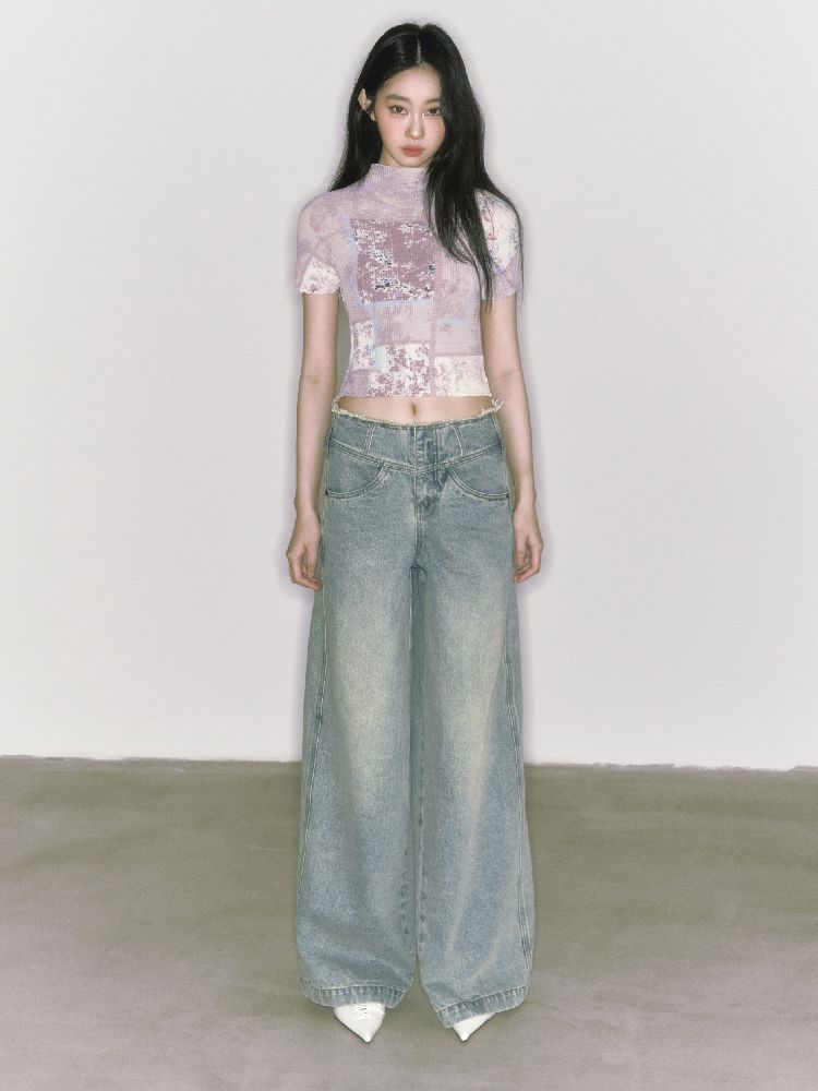 Wide-leg broken holes micro-laundry jeans【s0000012140】