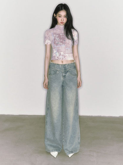 Wide-leg broken holes micro-laundry jeans【s0000012140】