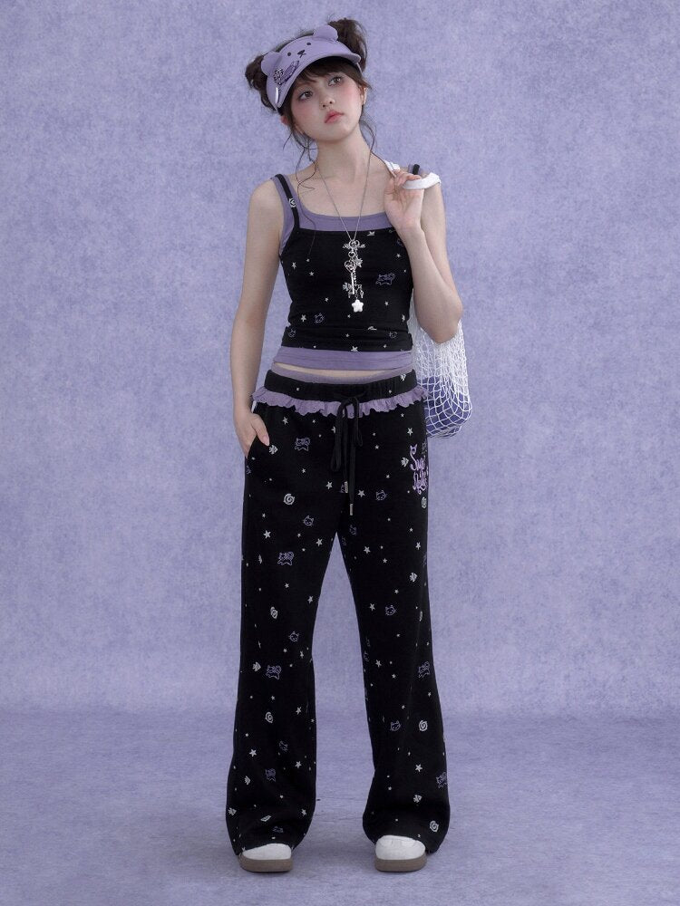 Black Purple Lace Print Trousers【s0000016649】