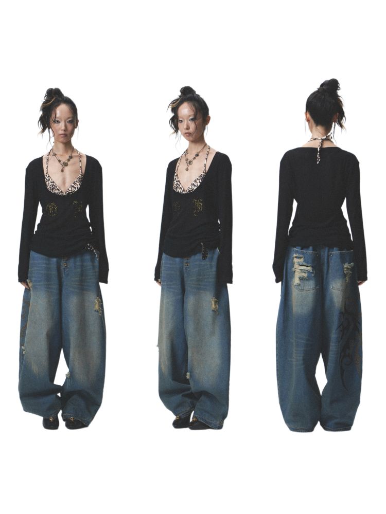 Distressed loose cuffed jeans【s0000012685】