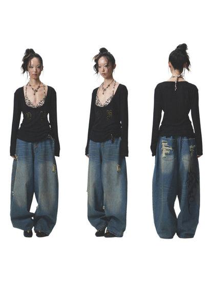 Distressed loose cuffed jeans【s0000012685】