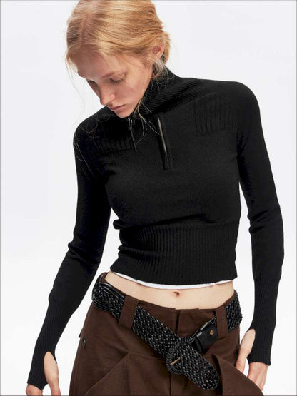 Half-Turtleneck Zip Knit Long-Sleeve T-Shirt【s0000014876】