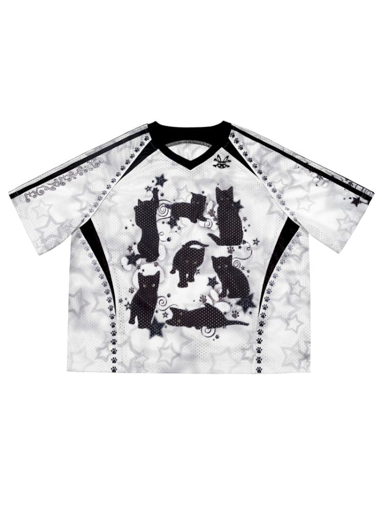 Black cat print shoulder sleeve t-shirt【s0000012586】