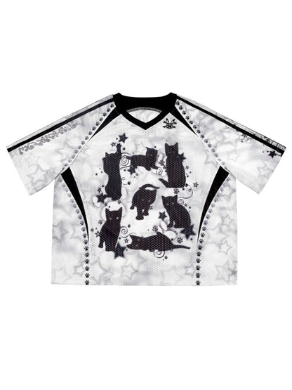 Black cat print shoulder sleeve t-shirt【s0000012586】