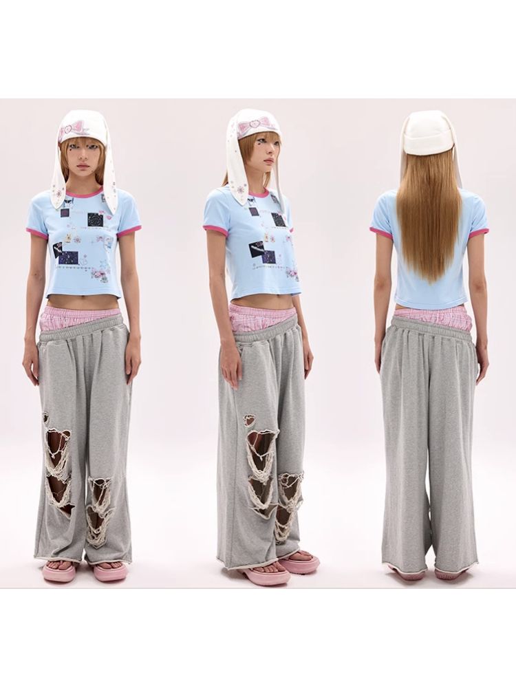 Sticker Printed Rhinestone T-Shirt【s0000011794】