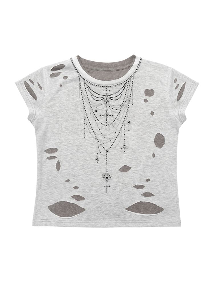 Rhinestone necklace ripped t-shirt【s0000012596】