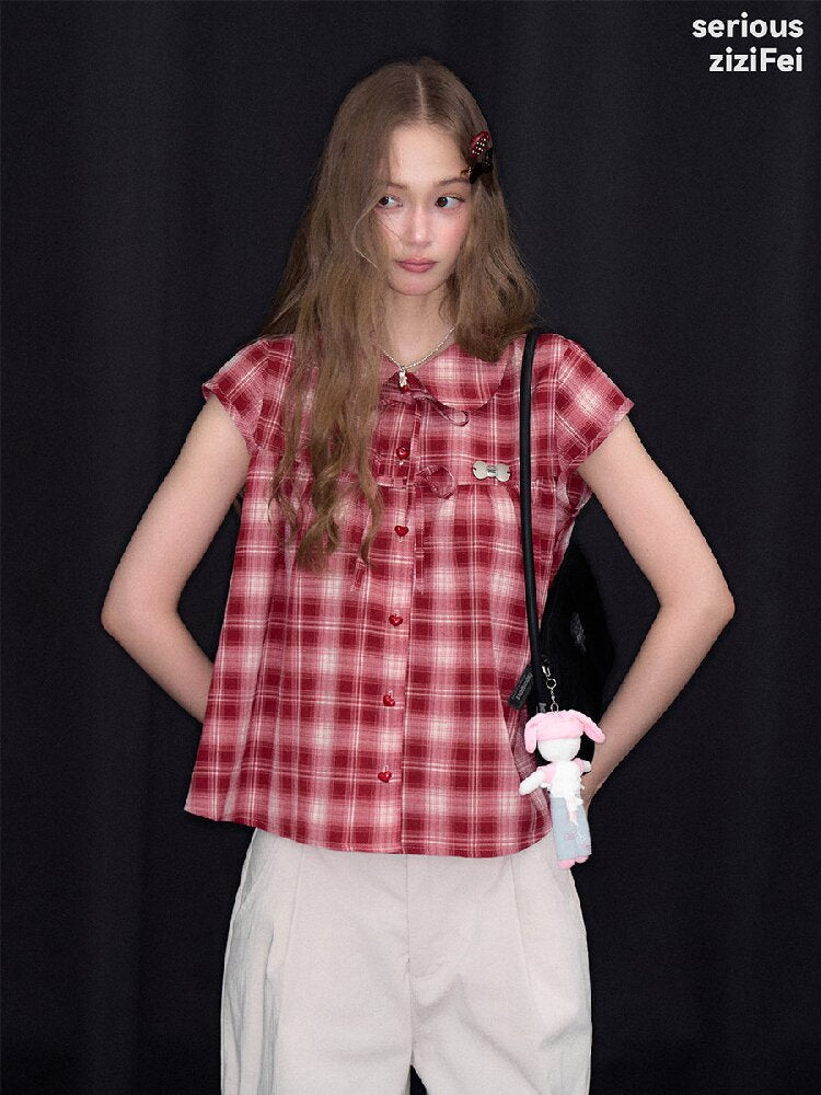 Doll Neck Bow Plaid Preppy Shirt【s0000016850】