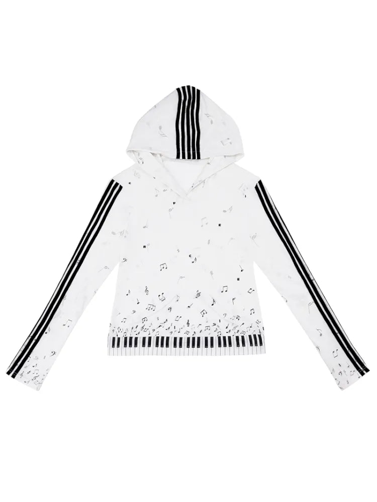 Piano Note Print Pullover Long-Sleeve Sweatshirt【s0000014100】