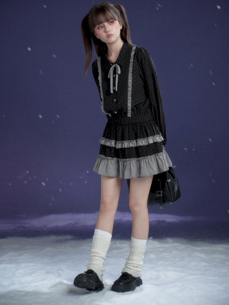 Dark Gray Polka Dot Shirt Dress【s0000015447】