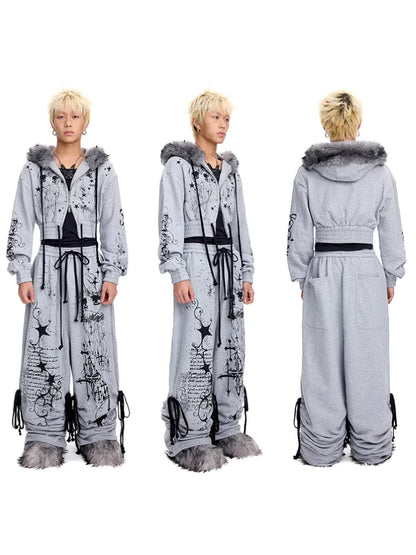 Doodle Print Puffy Drawstring Sweatpants【s0000014092】