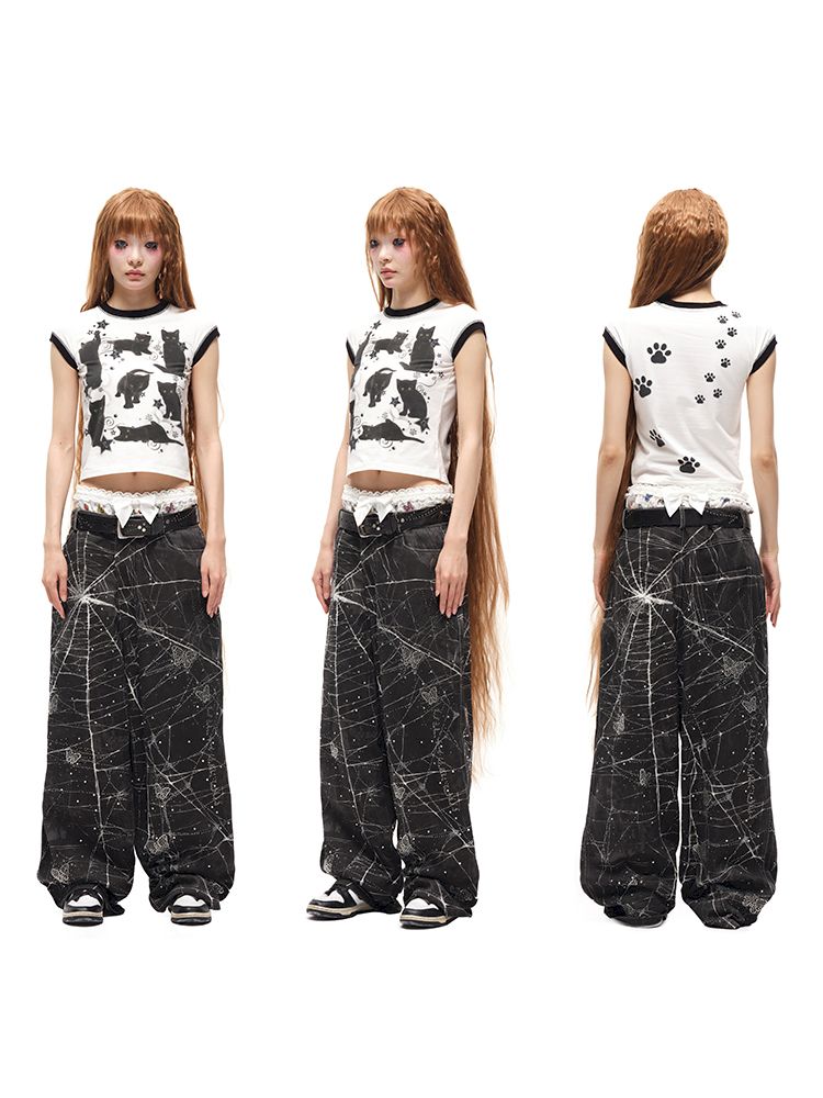 Black Cat Print Short Sleeve T-Shirt【s0000012587】