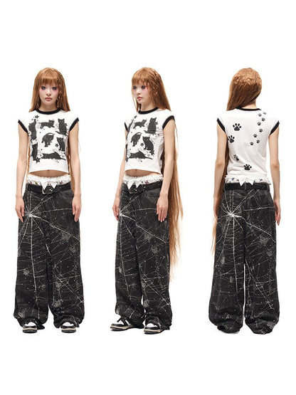 Black Cat Print Short Sleeve T-Shirt【s0000012587】