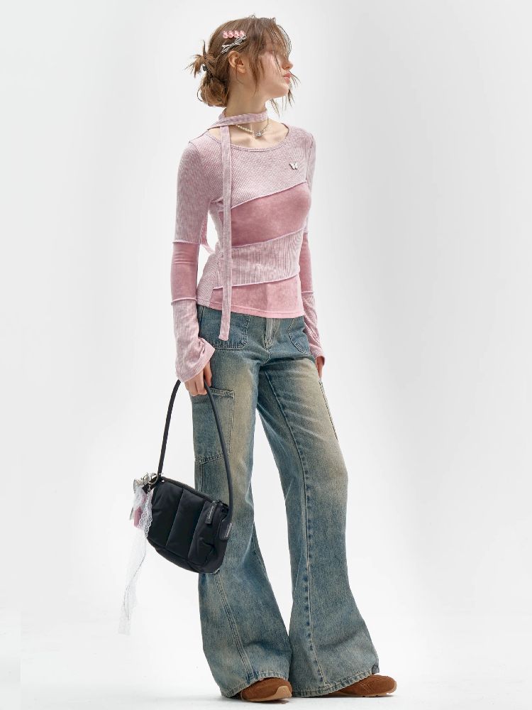 Splicing Collar Long Sleeve T-Shirt【s0000011518】