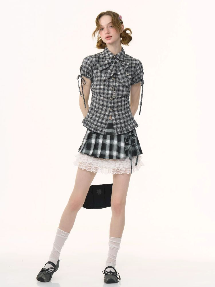 Doll Collar Bow Plaid Short Sleeve Shirt【s0000012264】