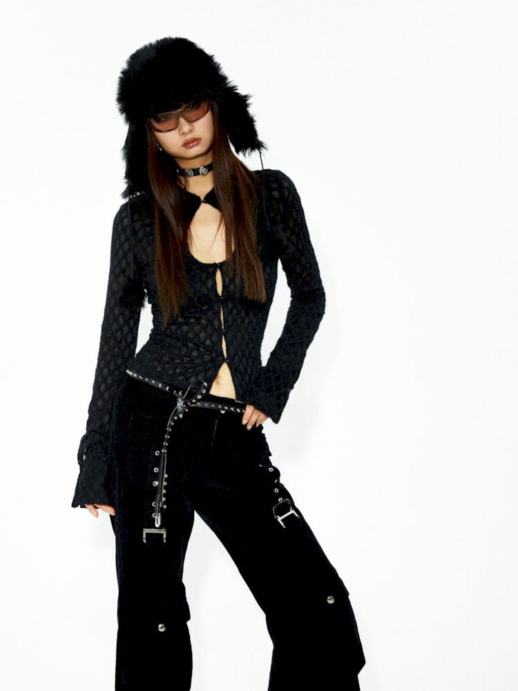 D-ring air eyelets decorated loose thin straight pants【s0000006272】