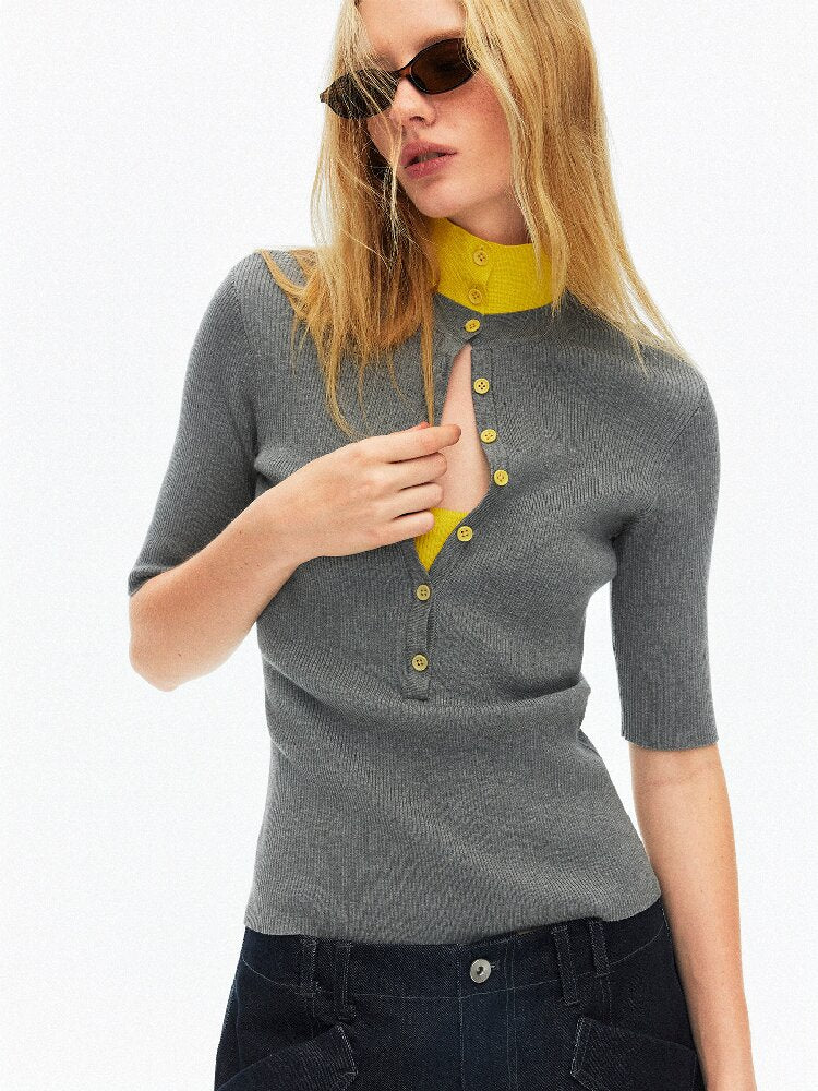 Lyocell Contrast Knitted Top【s0000015923】