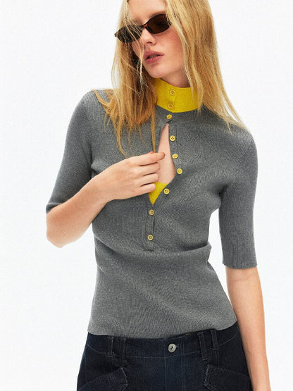 Lyocell Contrast Knitted Top【s0000015923】