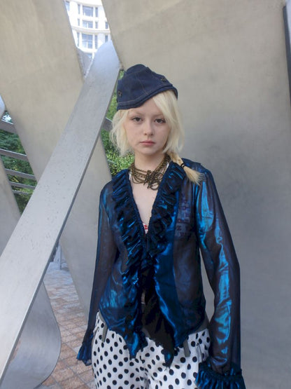 Metallic-colored broken polarized blue mesh cardigan【s0000013178】