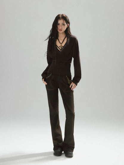 Coffee Low-Rise Leather Slacks【s0000015606】