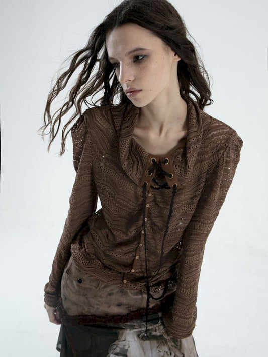 Slim Jacquard Lace Hollow T-Shirt【s0000007652】