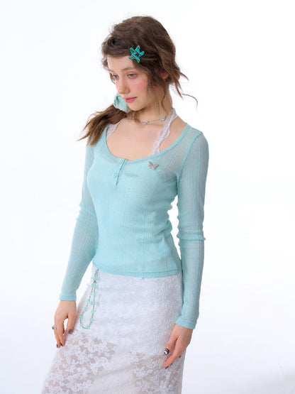 Trim jersey semi-sheer long-sleeved T-shirt 【s0000011676】