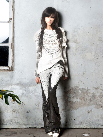 Patchwork Flared Denim Leather Pants【s0000013896】