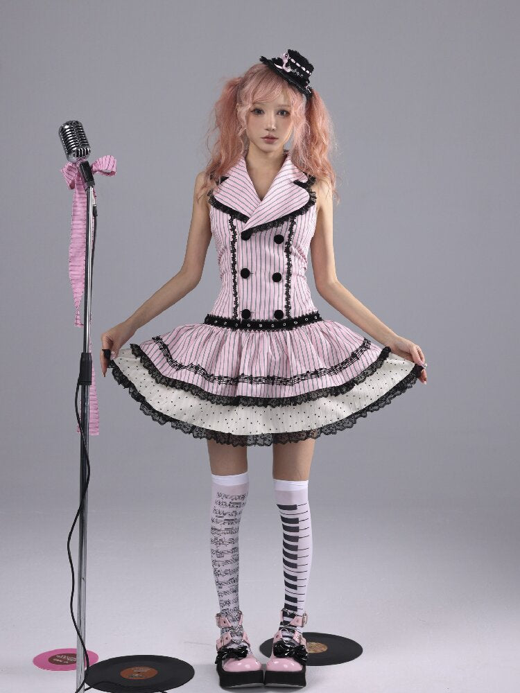 Striped Black Sweet Suit Collar Jsk【s0000016222】