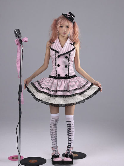 Striped Black Sweet Suit Collar Jsk【s0000016222】