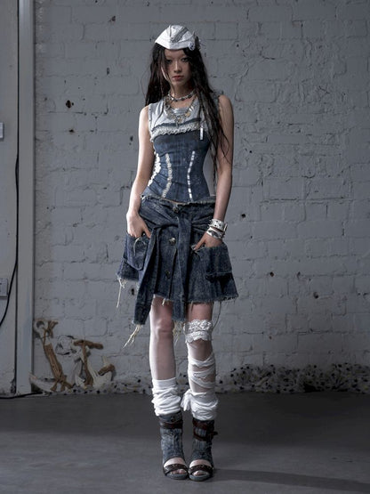 Hooded washed denim shirt dress skirt【s0000012784】