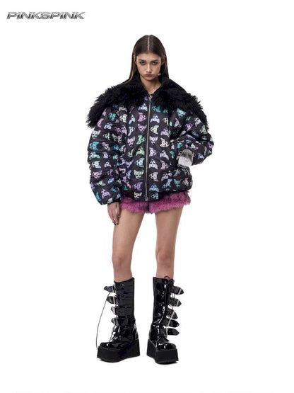 Black Metal Fur Collar Cotton Suit【s0000015129】