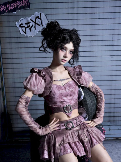 Puff Sleeve Heart-Print Strapless Two-Piece Top【s0000014027】