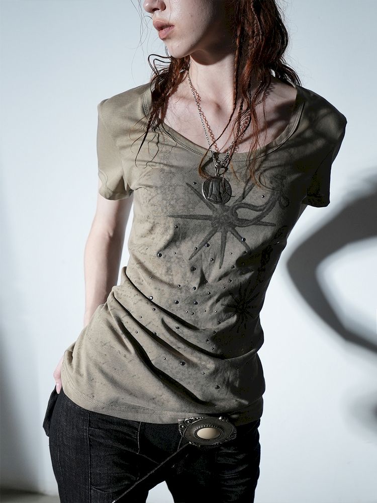 Basic Style Western Print Rhinestone T-Shirt【s0000012833】
