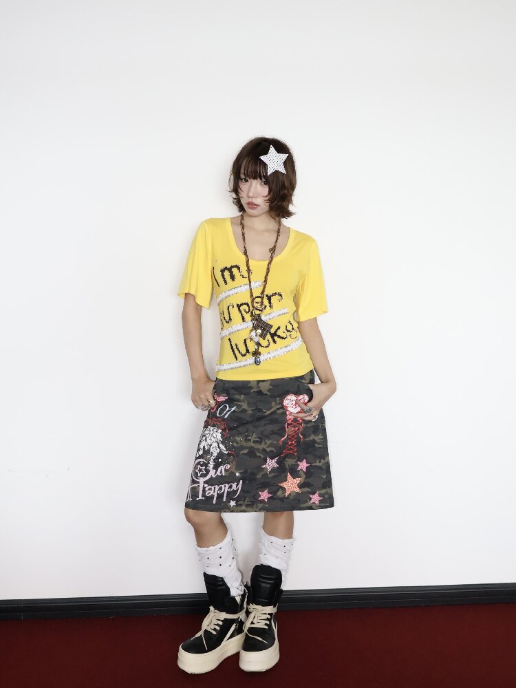 Lucky Slogan Lace Print U-Neck Top【s0000018686】