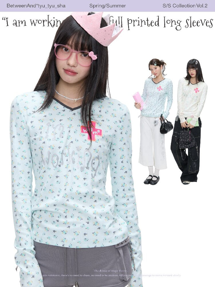 Full Print V Neck Long Sleeve Top【s0000016406】