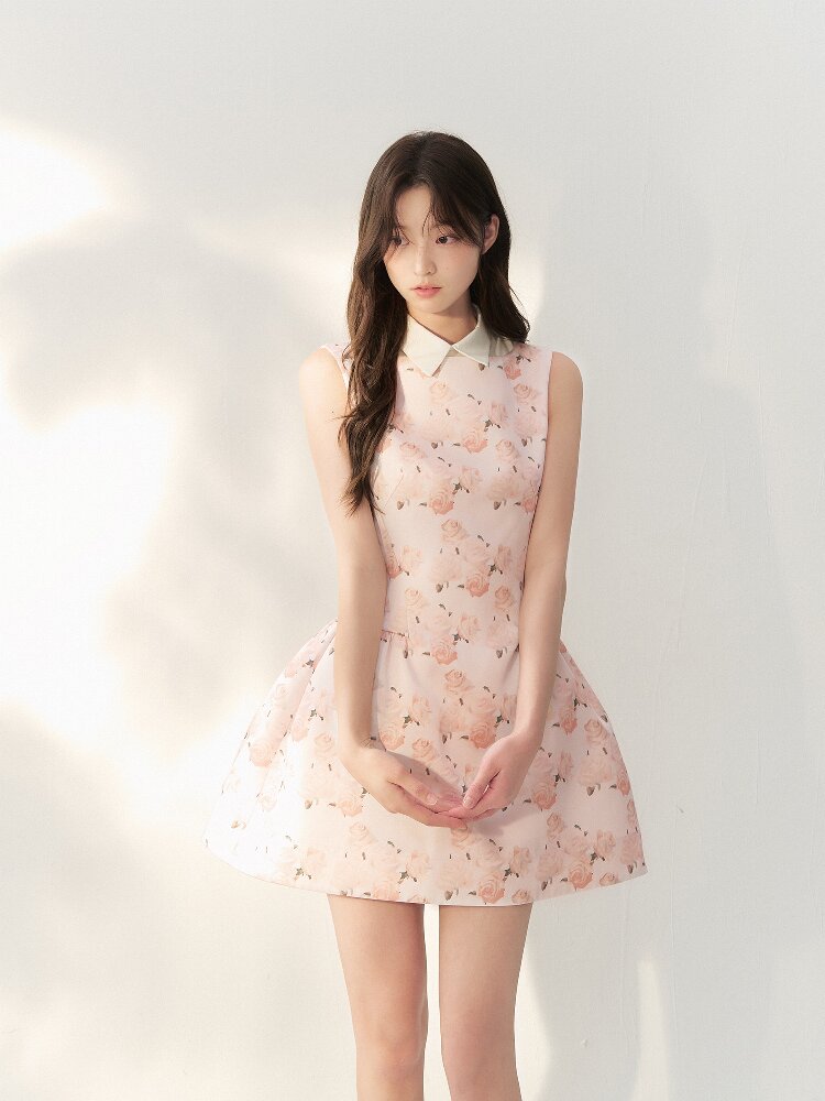 Satin Rose Print Puff Sundress【s0000016877】